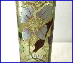 LEGRAS ancien vase NANCY en verre émaillé Décor clématites 26 cm ART NOUVEAU