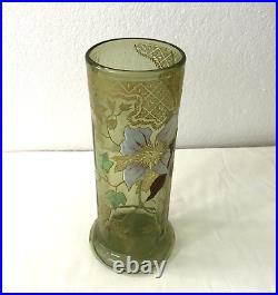 LEGRAS ancien vase NANCY en verre émaillé Décor clématites 26 cm ART NOUVEAU