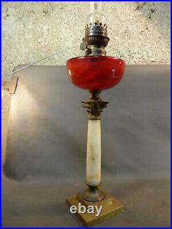 Lampe A Petrole Ancienne 1900 Colonne Bronze Marbre Cristal Rouge