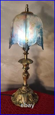 Lampe ancienne art nouveau bronze abat jour verre teinté, 43x16 tres beau model