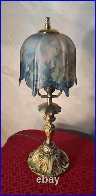 Lampe ancienne art nouveau bronze abat jour verre teinté, 43x16 tres beau model