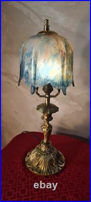 Lampe ancienne art nouveau bronze abat jour verre teinté, 43x16 tres beau model