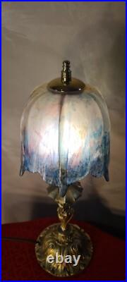 Lampe ancienne art nouveau bronze abat jour verre teinté, 43x16 tres beau model