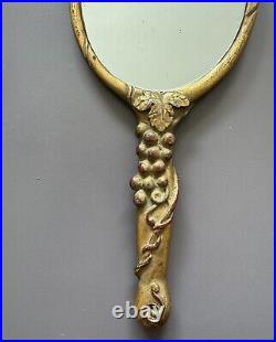 Large Miroir A Main Art Nouveau Bois Doré Décor Raisin Collection Ancien