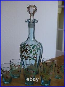 Legras Ancien Service Liqueur Verrerie Bleu Et Emailler Art Nouveau