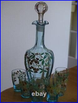 Legras Ancien Service Liqueur Verrerie Bleu Et Emailler Art Nouveau