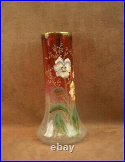 Legras Bel Ancien Vase En Verre Emaille Lamartine Aux Pensees Art Nouveau