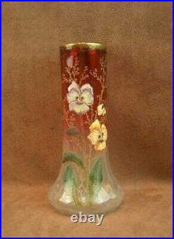 Legras Bel Ancien Vase En Verre Emaille Lamartine Aux Pensees Art Nouveau