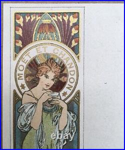 Lithographie Originale Ancienne Mucha Moët & Chandon Carte Art Nouveau 14 x 9 cm