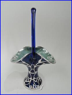 Loetz Panier Ancien Art Nouveau Autrichien Cobalt Bleu Verre Argent Revêtement