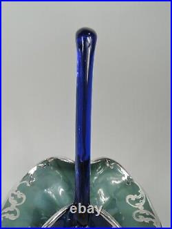 Loetz Panier Ancien Art Nouveau Autrichien Cobalt Bleu Verre Argent Revêtement
