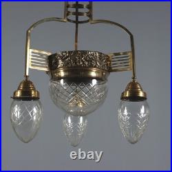 Lustre Art Nouveau Ancien Métal Verre 4 Lumières XXe Siècle Original