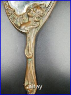 MAGNIFIQUE MIROIR ANCIEN Face À Main En Bronze Doré Art Nouveau Décoré Femme