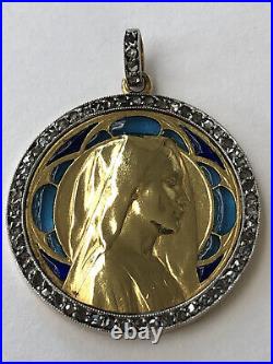 MAGNIFIQUE ancien MEDAILLON PENDENTIF VIERGE incrustation vitrail ART NOUVEAU