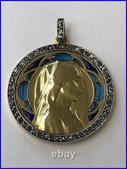 MAGNIFIQUE ancien MEDAILLON PENDENTIF VIERGE incrustation vitrail ART NOUVEAU