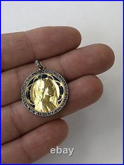 MAGNIFIQUE ancien MEDAILLON PENDENTIF VIERGE incrustation vitrail ART NOUVEAU