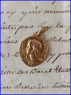 Médaille ancienne Or 18K Vierge Monogramme M couronne religion art nouveau