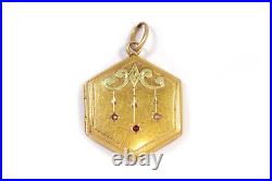 Médaillon Art Nouveau hexagonal en or 18k, pendentif ancien, Art Nouveau