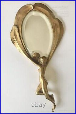Miroir A Main Face À Main Art Nouveau Bronze Doré Ancien Authentique
