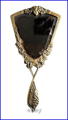 Miroir Face A Main Ancien En Bronze Art Nouveau Miroir Biseauté