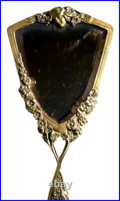 Miroir Face A Main Ancien En Bronze Art Nouveau Miroir Biseauté