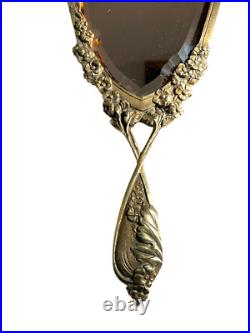 Miroir Face A Main Ancien En Bronze Art Nouveau Miroir Biseauté