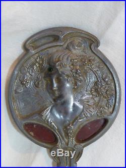 Miroir Face main ancien Etain art nouveau Georges de Feure Buste femme 1900 n°2