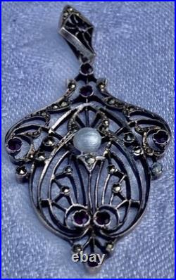 PENDENTIF ANCIEN 1900 ART NOUVEAU en ARGENT marcassites, grenats et perle N°96