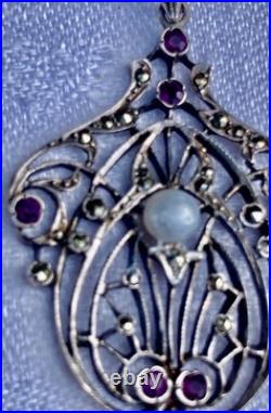 PENDENTIF ANCIEN 1900 ART NOUVEAU en ARGENT marcassites, grenats et perle N°96