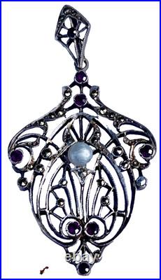 PENDENTIF ANCIEN 1900 ART NOUVEAU en ARGENT marcassites, grenats et perle N°96