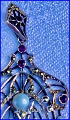 PENDENTIF ANCIEN 1900 ART NOUVEAU en ARGENT marcassites, grenats et perle N°96