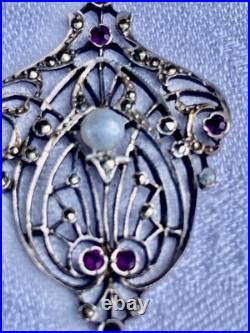 PENDENTIF ANCIEN 1900 ART NOUVEAU en ARGENT marcassites, grenats et perle N°96