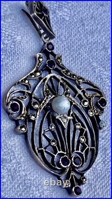 PENDENTIF ANCIEN 1900 ART NOUVEAU en ARGENT marcassites, grenats et perle N°96