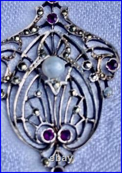 PENDENTIF ANCIEN 1900 ART NOUVEAU en ARGENT marcassites, grenats et perle N°96