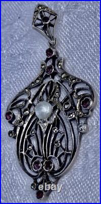 PENDENTIF ANCIEN 1900 ART NOUVEAU en ARGENT marcassites, grenats et perle N°96