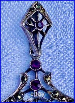 PENDENTIF ANCIEN 1900 ART NOUVEAU en ARGENT marcassites, grenats et perle N°96