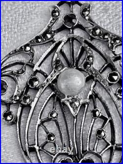 PENDENTIF ANCIEN 1900 ART NOUVEAU en ARGENT marcassites, grenats et perle N°96