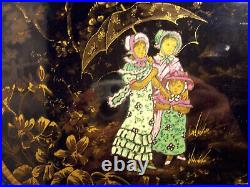 PLATEAU ancien PORCELAINE peinte OR et EMAIL fleur ENFANT fille campagne 37x24
