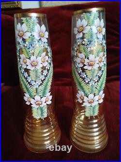Paire Ancien Vases Émaillée Décor Fleurs Art Nouveau -Dlg Legras- H30cm