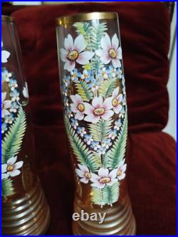 Paire Ancien Vases Émaillée Décor Fleurs Art Nouveau -Dlg Legras- H30cm
