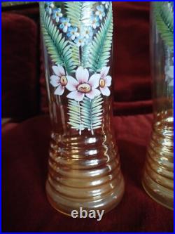 Paire Ancien Vases Émaillée Décor Fleurs Art Nouveau -Dlg Legras- H30cm