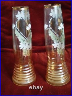 Paire Ancien Vases Émaillée Décor Fleurs Art Nouveau -Dlg Legras- H30cm