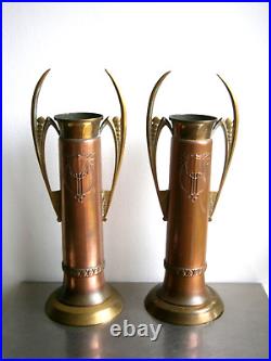 Paire Grand Vases Secessionist Cuivre rouge Bronze doré déco 1900 Ancien