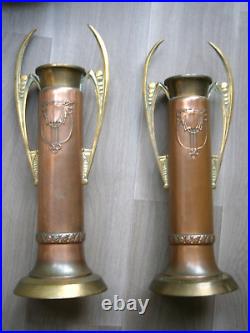 Paire Grand Vases Secessionist Cuivre rouge Bronze doré déco 1900 Ancien