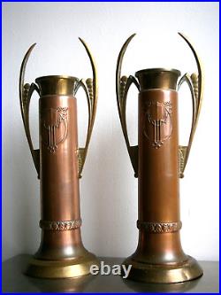 Paire Grand Vases Secessionist Cuivre rouge Bronze doré déco 1900 Ancien