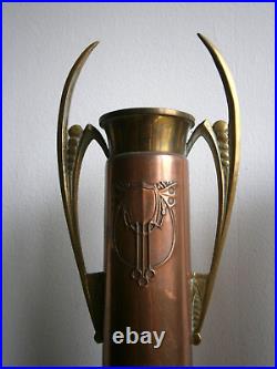 Paire Grand Vases Secessionist Cuivre rouge Bronze doré déco 1900 Ancien