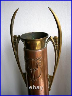 Paire Grand Vases Secessionist Cuivre rouge Bronze doré déco 1900 Ancien