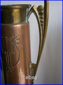 Paire Grand Vases Secessionist Cuivre rouge Bronze doré déco 1900 Ancien