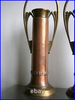 Paire Grand Vases Secessionist Cuivre rouge Bronze doré déco 1900 Ancien