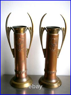 Paire Grand Vases Secessionist Cuivre rouge Bronze doré déco 1900 Ancien